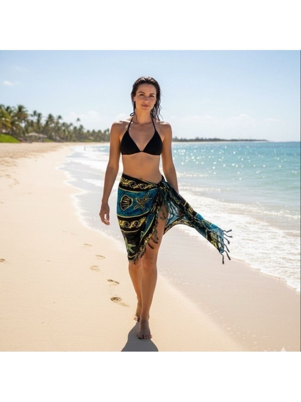 UNBRANDED Tropical Seashell Print Fringed Pareo / Sarong / Coverup 58” x 44” O/S